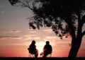 silhouette of two person sitting on chair near tree