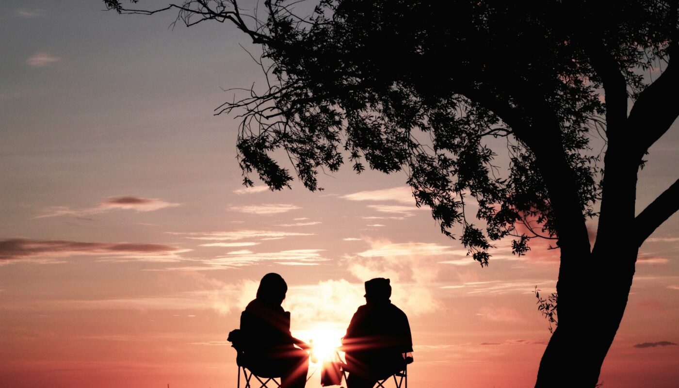 silhouette of two person sitting on chair near tree